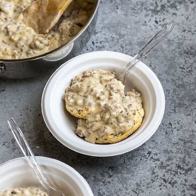 Biscuits and gravy in a Chinet bowl