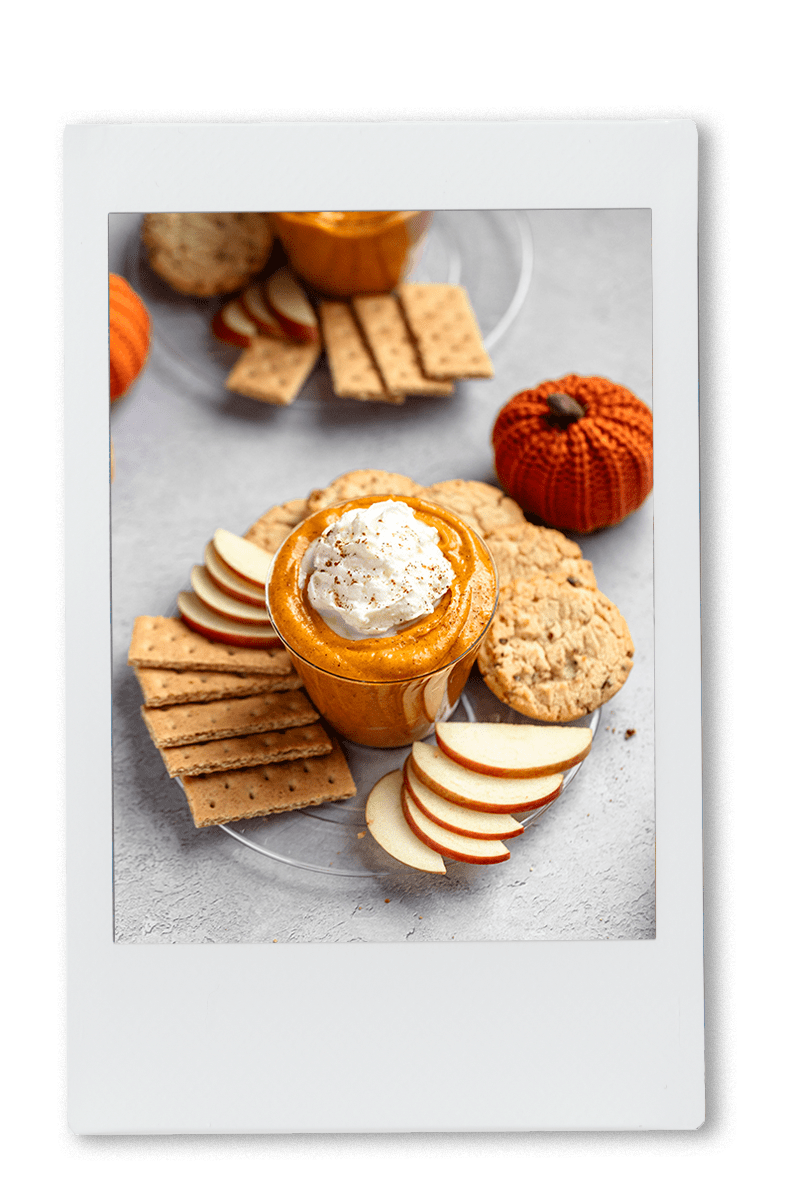 Instax of pumpkin pie dip with apples and crackers