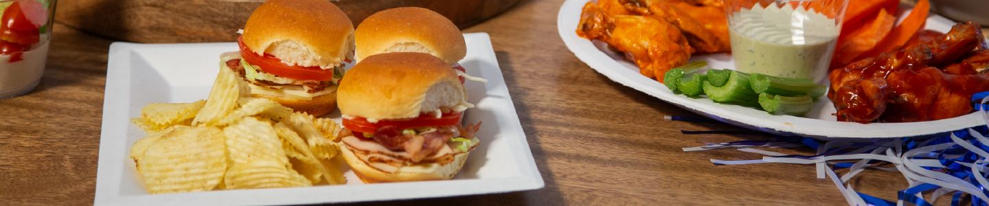 Hamburger sliders served on a Chinet Classic square dinner plate