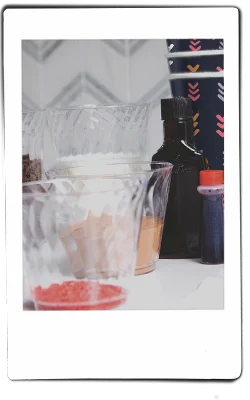 Instax of ingredients for red velvet hot chocolate in chinet crystal and comfort cups