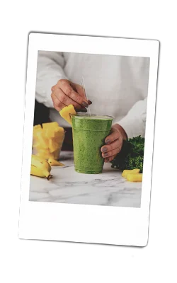 Instax of Kale-Pineapple Smoothie in a chinet cup