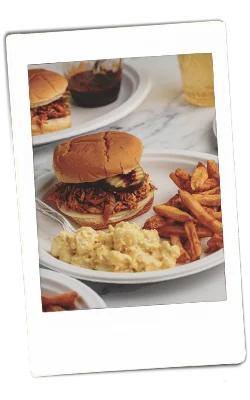 Instax of shredded BBQ chicken sandwiches on a Chinet plate with fires and potato salad