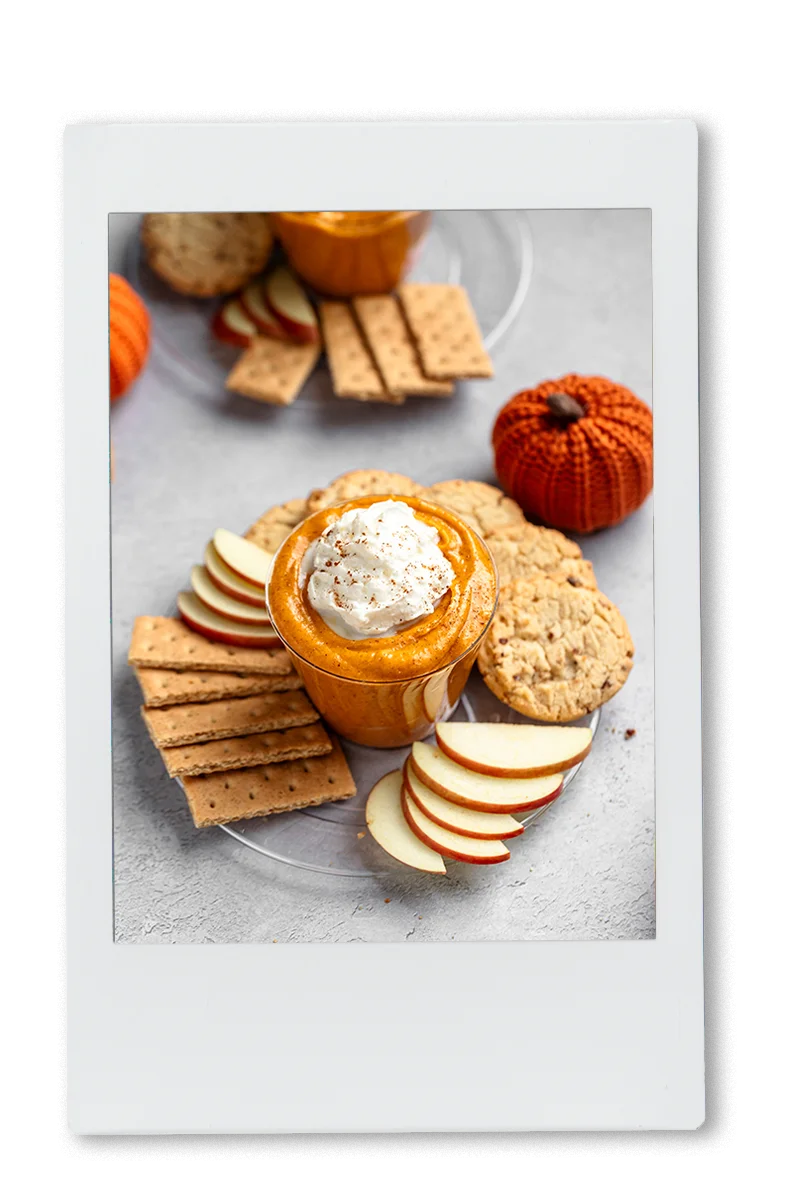 Instax of pumpkin pie dip with apples and crackers